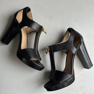 Michael Kors Black T-Strap Heels with Gold Zipper